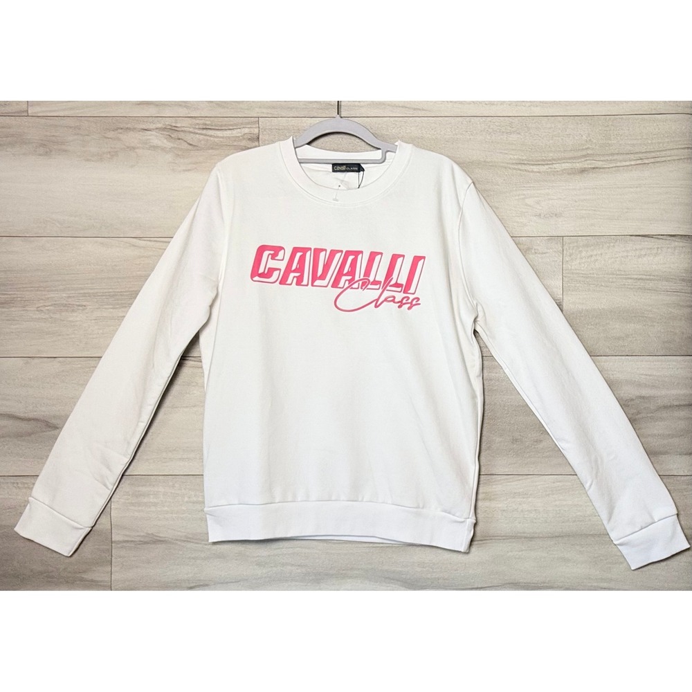 Cavalli Class White Pink Logo Crewneck Sweatshirt L NWT With Flaws